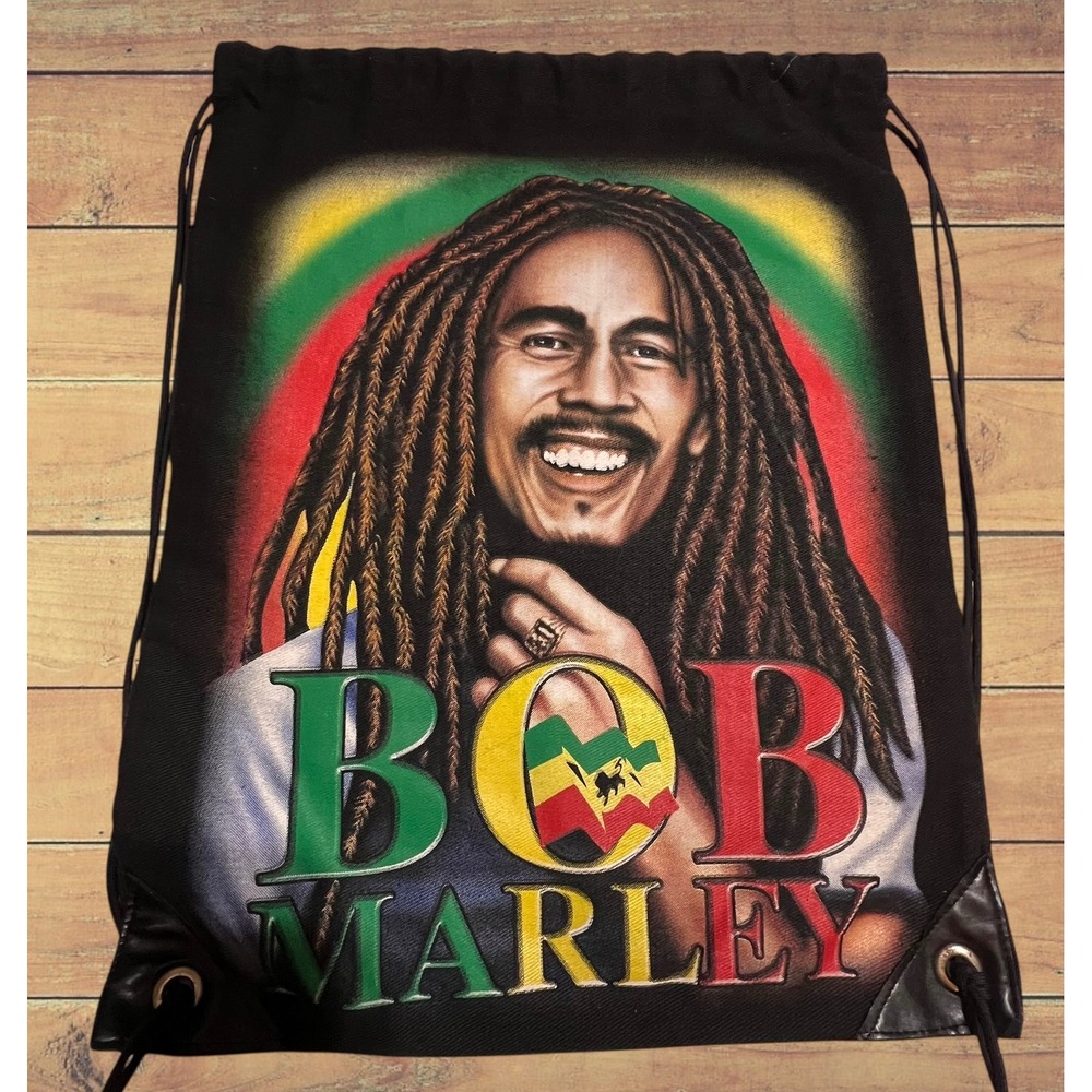 Bob Marley Drawstring Backpack Cinch Bag Reggae Music Graphic Black Canvas 19x14